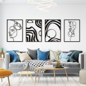 Art3d Metal Wall Art, Set of 4 Black Wall Decor for Living Room Bedroom Hallway Dining Room, Line Art Wall Décor, Life and Romance Story theme Minimalist Wall Art Style