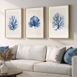 Framed Coastal Coral Wall Art for Living Room, Large Navy Blue Watercolor Coral Artwork for Walls, 3 Piece Minimalist Ocean Beach Marine Plants Pictures Prints for Bedroom Hallway Wall Decor, 16x24 In